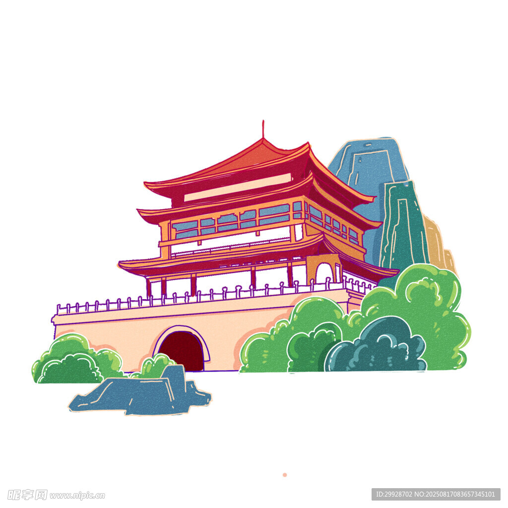 西安中式古建筑风景插画