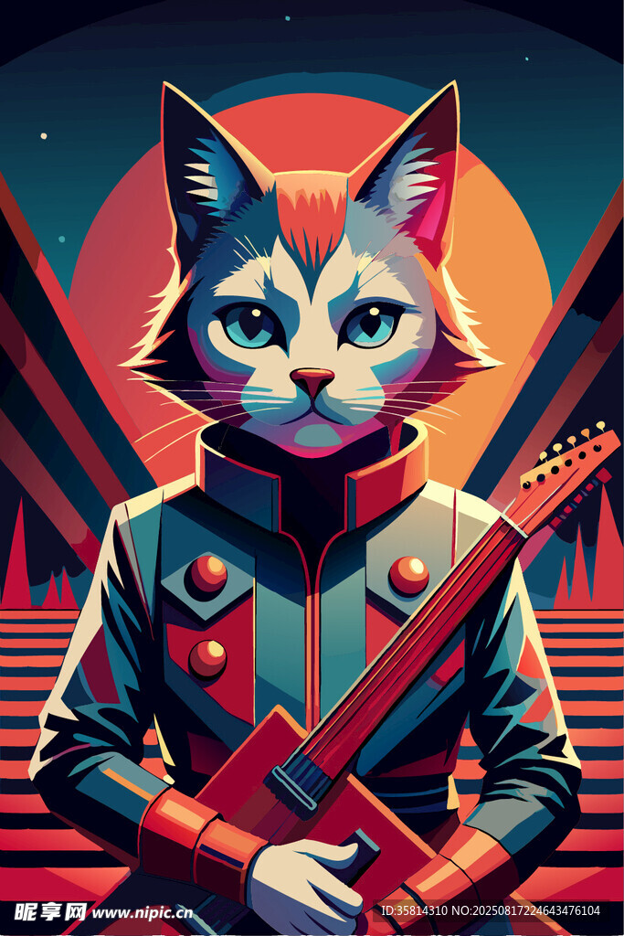 摇滚风猫咪持吉他形象