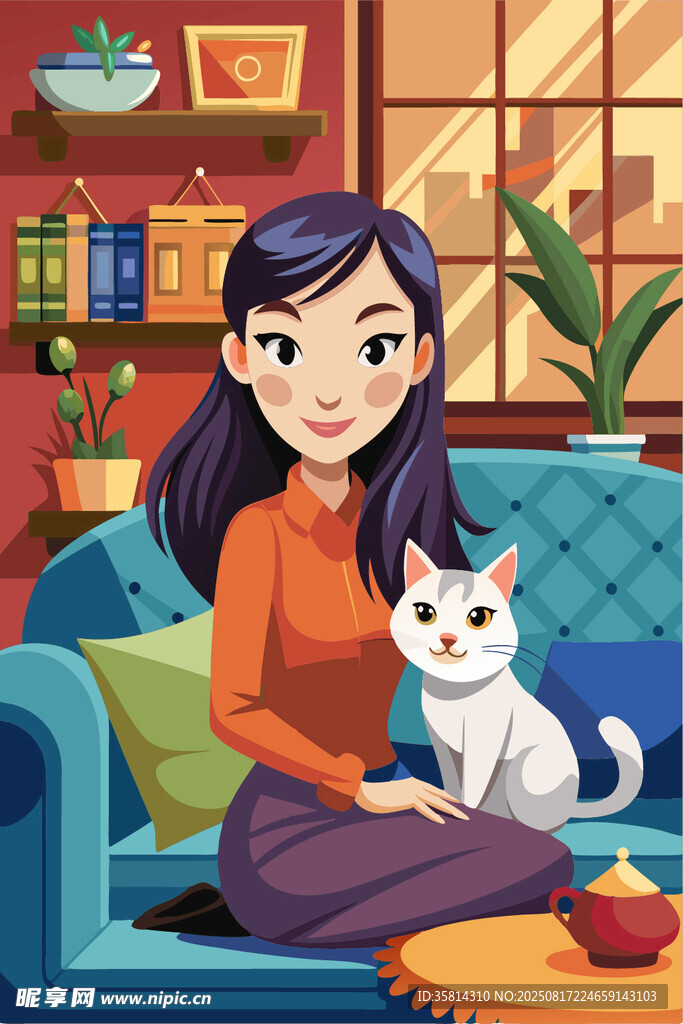 女孩与猫咪惬意宅家时光