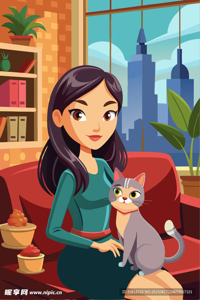 女孩与猫咪惬意居家时光