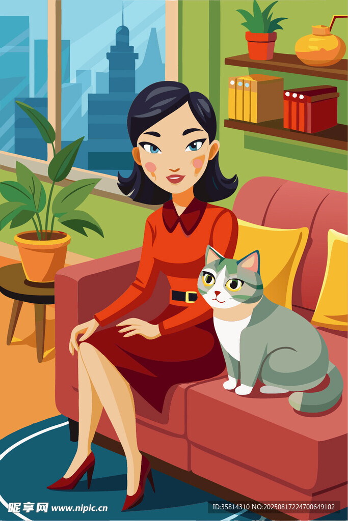 红衣女士与猫咪惬意时光
