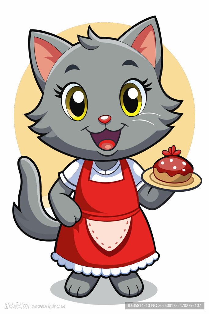 穿围裙端蛋糕的可爱猫咪
