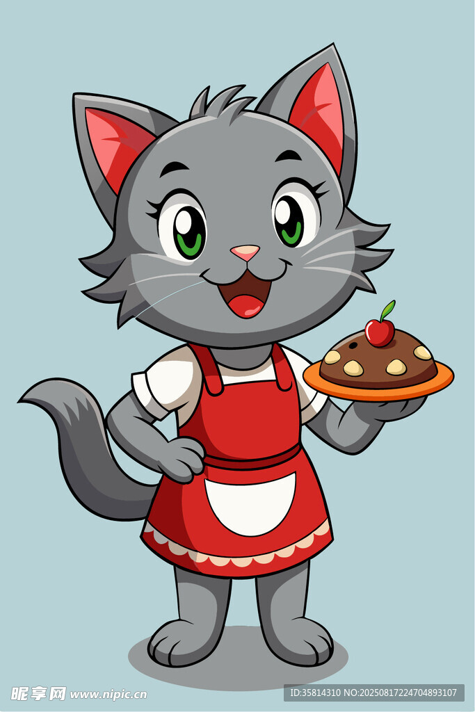 穿围裙端蛋糕的可爱猫咪