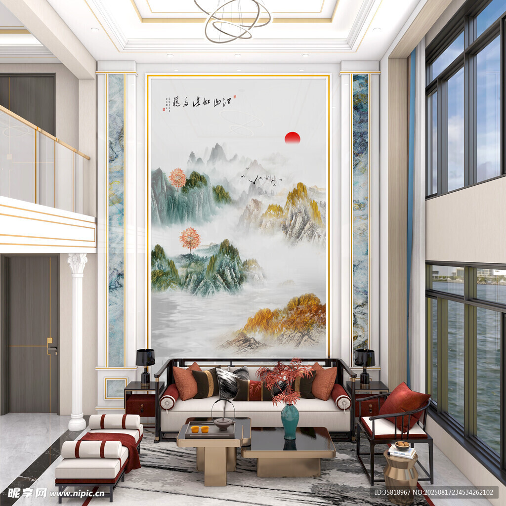 中式客厅 巨幅山水壁画装点