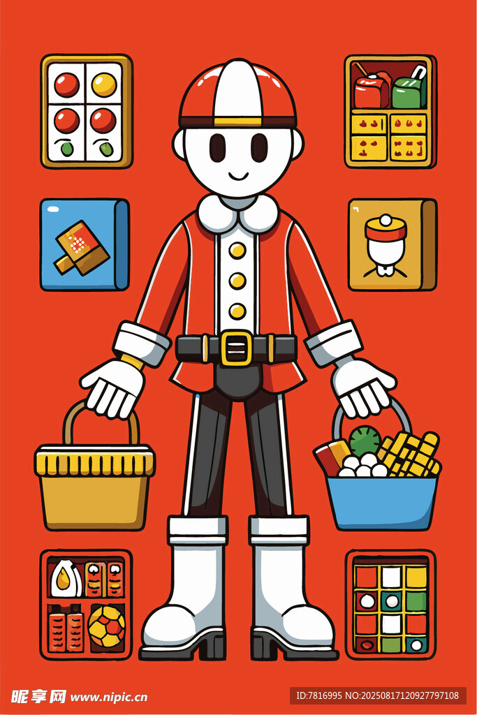 超市员工与商品元素插画