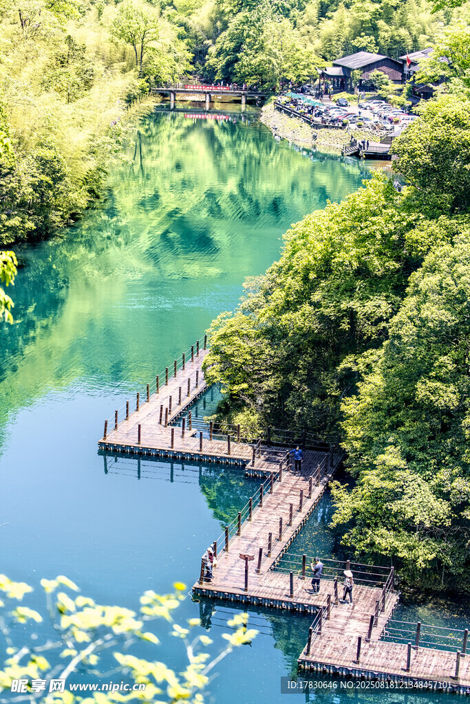 青山绿水间的木质栈桥