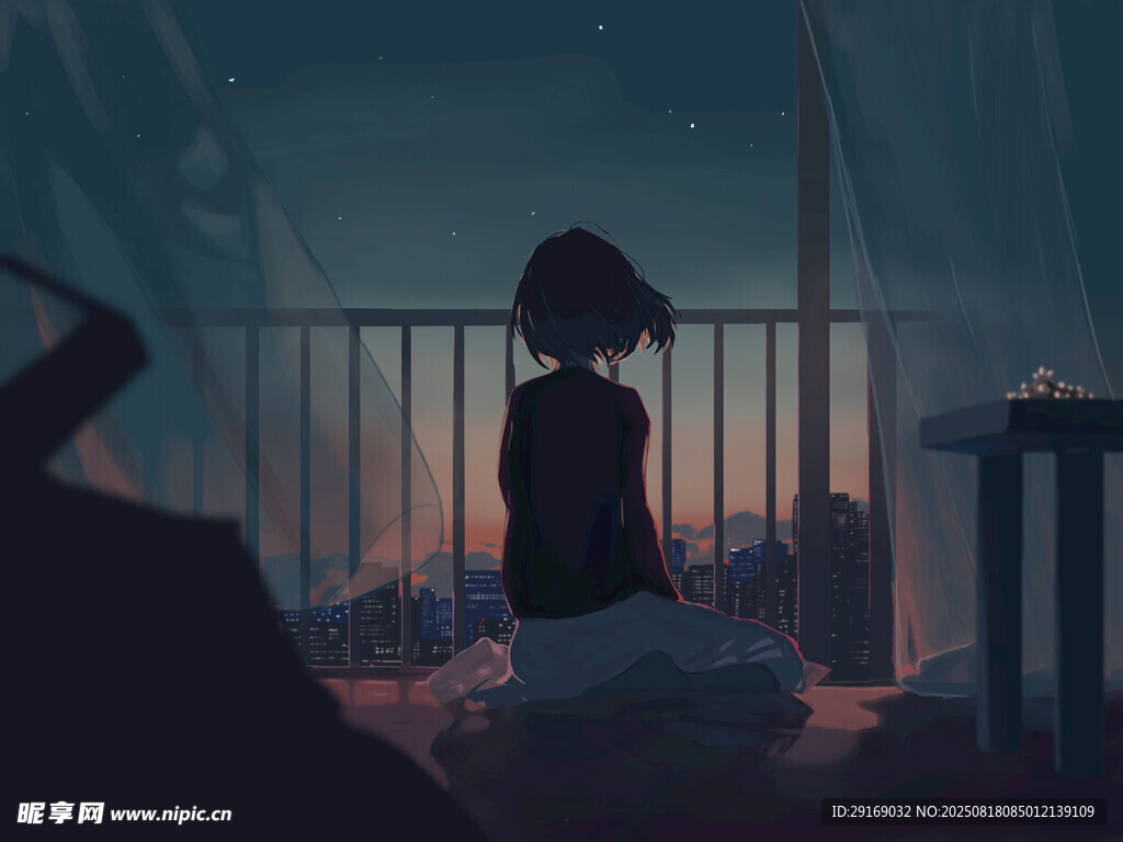 夜晚窗边独坐的沉思身影