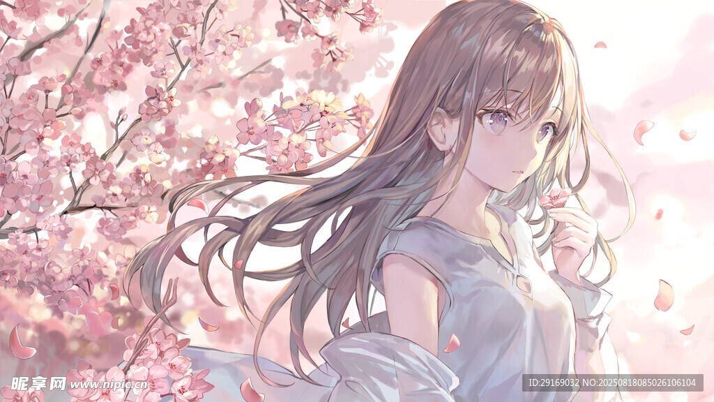 樱花下的长发少女