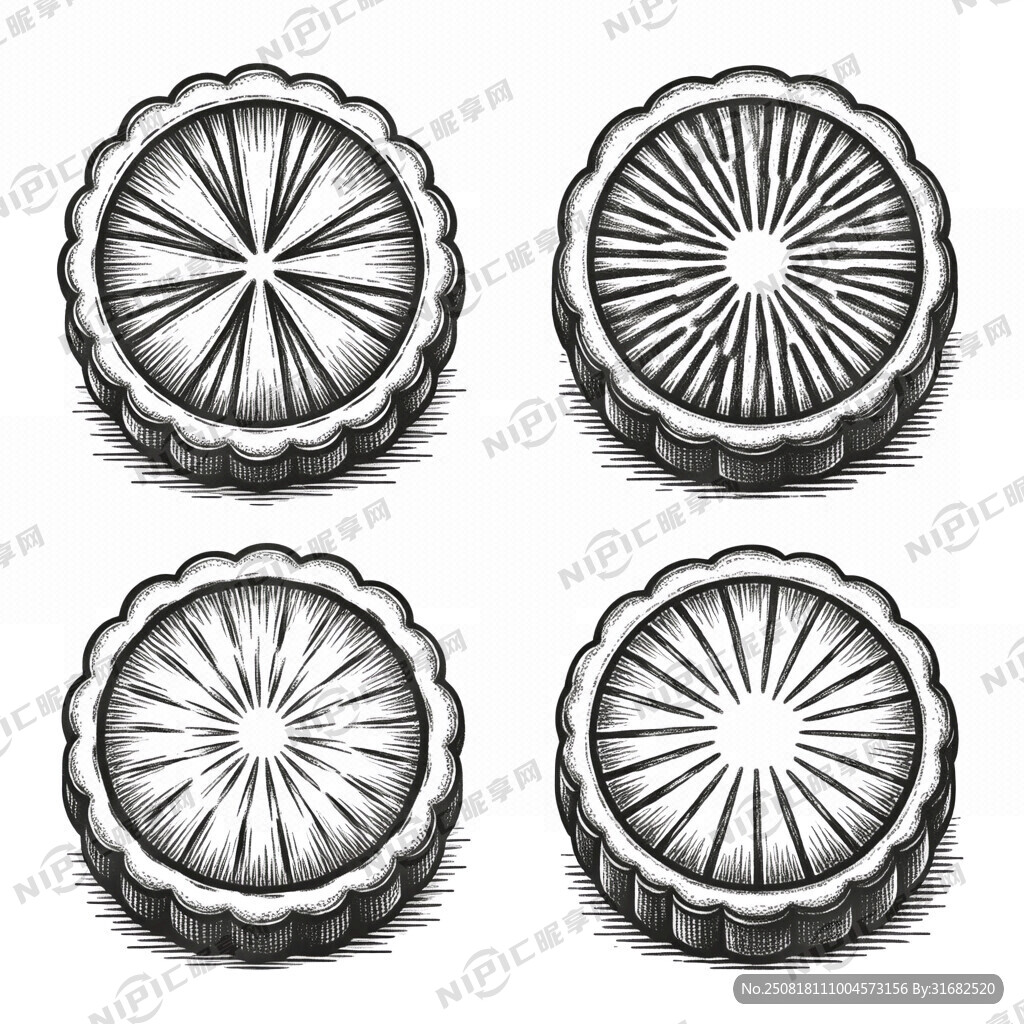 四块独立月饼 正面 圆形 对称