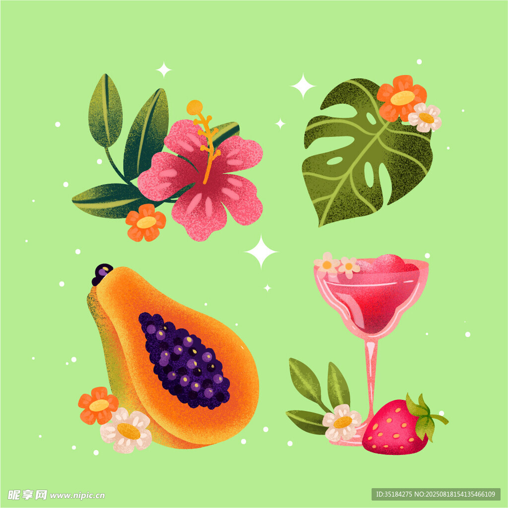 卡通水果与花卉插画