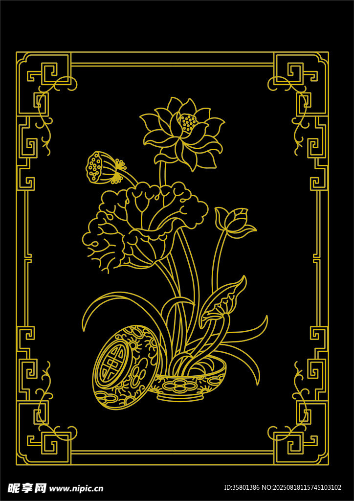 中式金色花卉边框图案 莲花