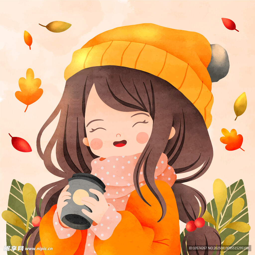 秋日少女捧杯享受温馨时刻
