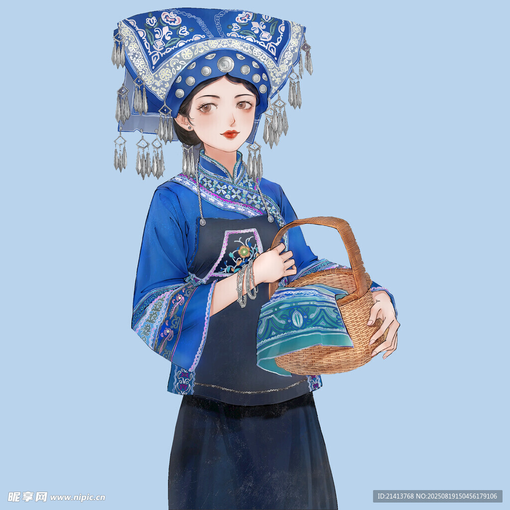 身着民族服饰的提篮少女