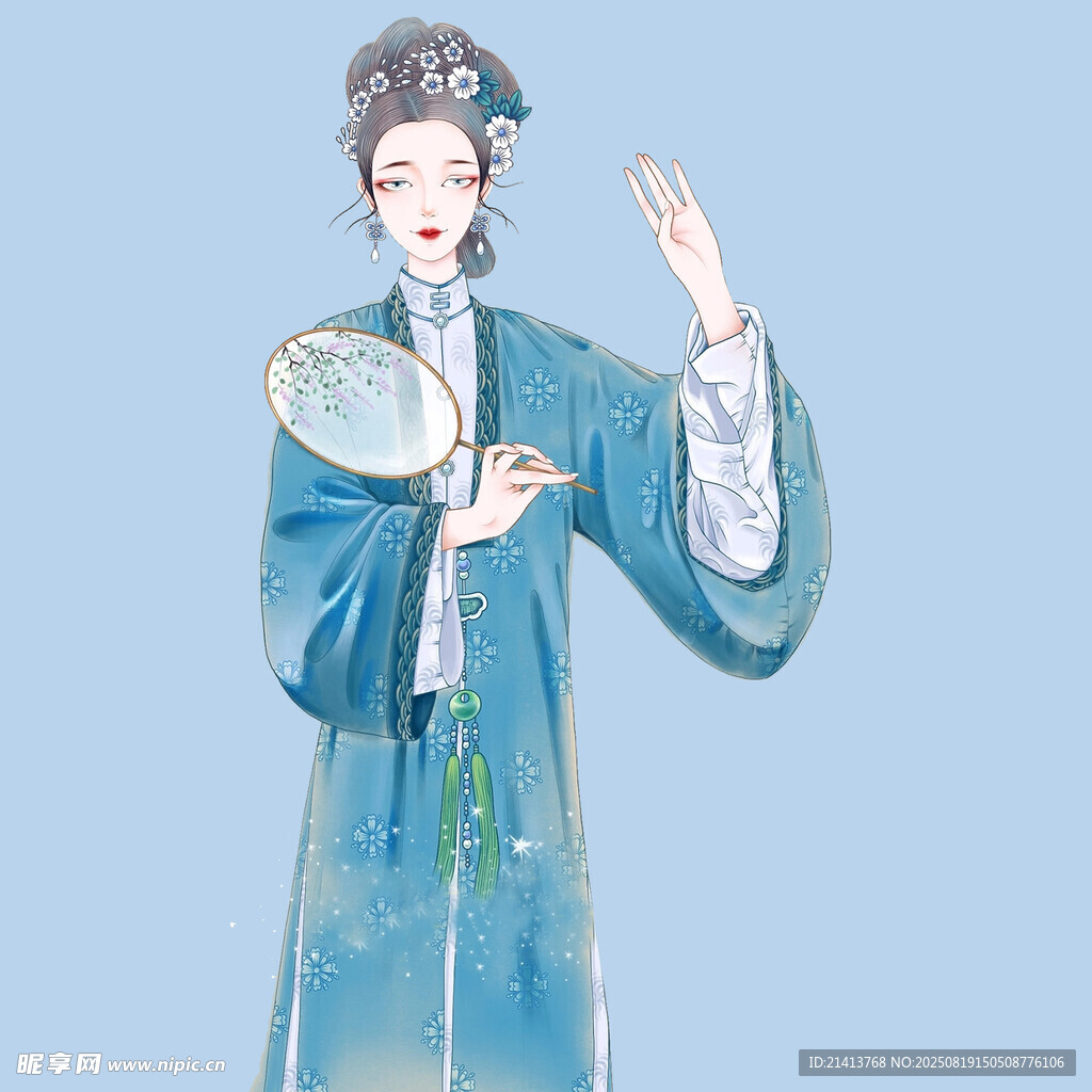 古风女子持扇优雅而立长发女子托