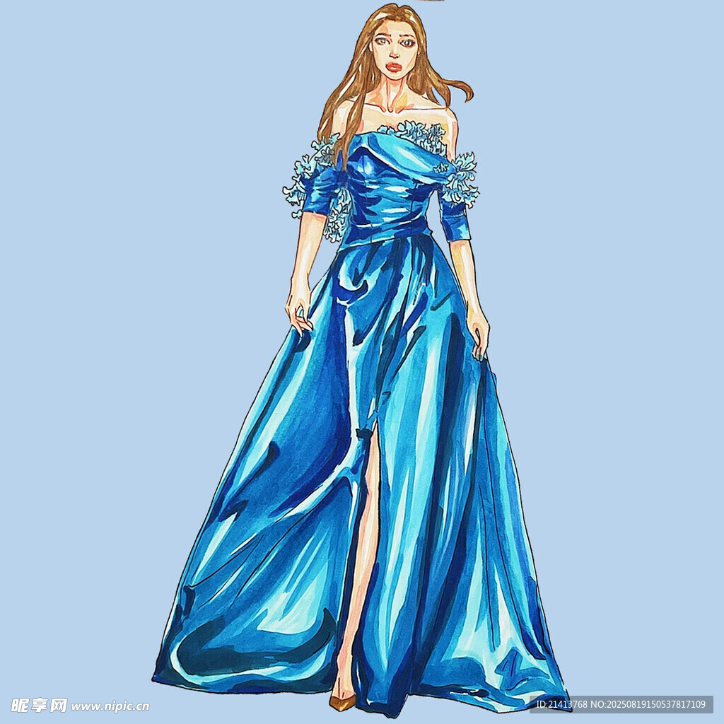 蓝色露肩拖地长裙美女