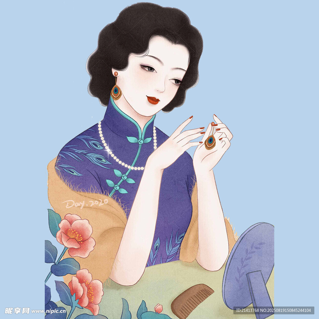 优雅旗袍女子专注赏物
