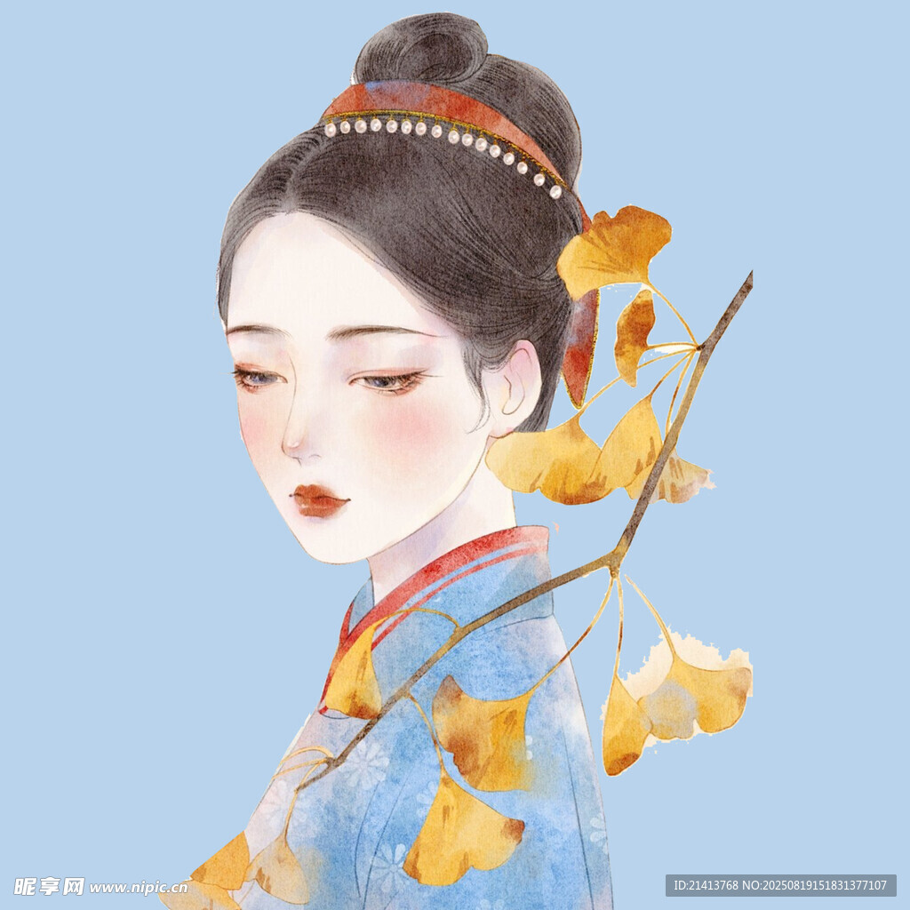 古风女子持银杏花枝