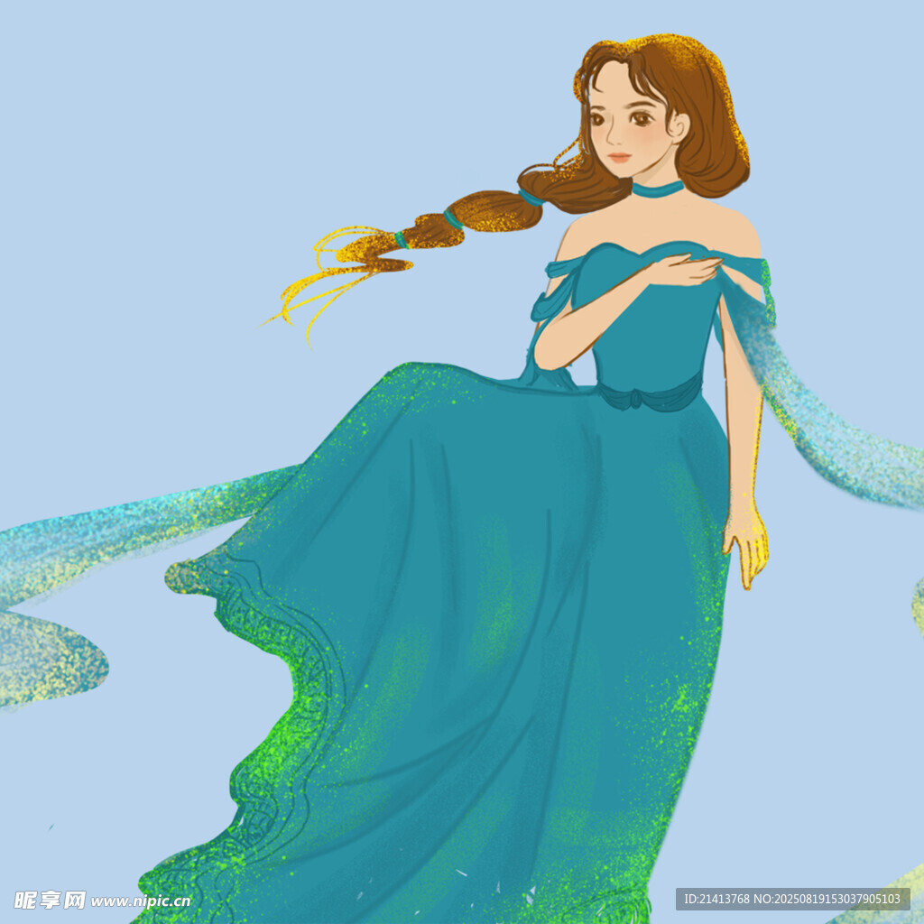 飘逸蓝裙的梦幻长发女子