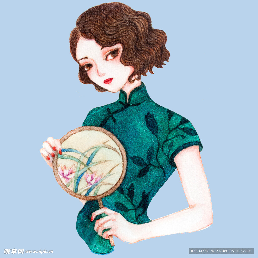 手持团扇的复古旗袍女子