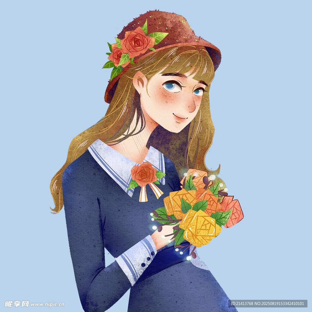手持鲜花的甜美复古女孩