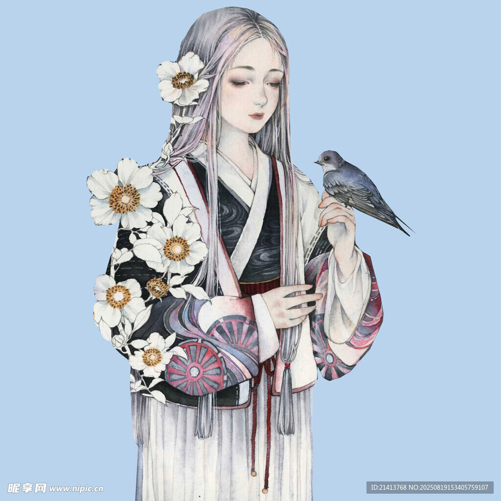 古风少女与鸟的唯美画面