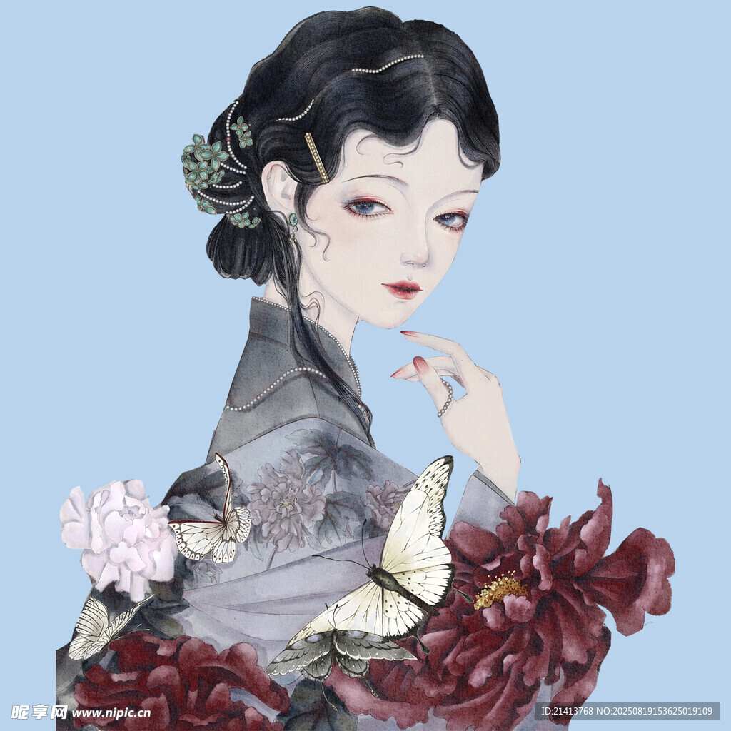 古典旗袍女子与繁花意象