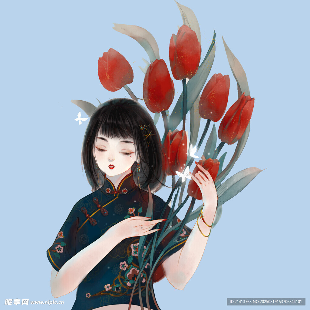 持郁金香的旗袍女子