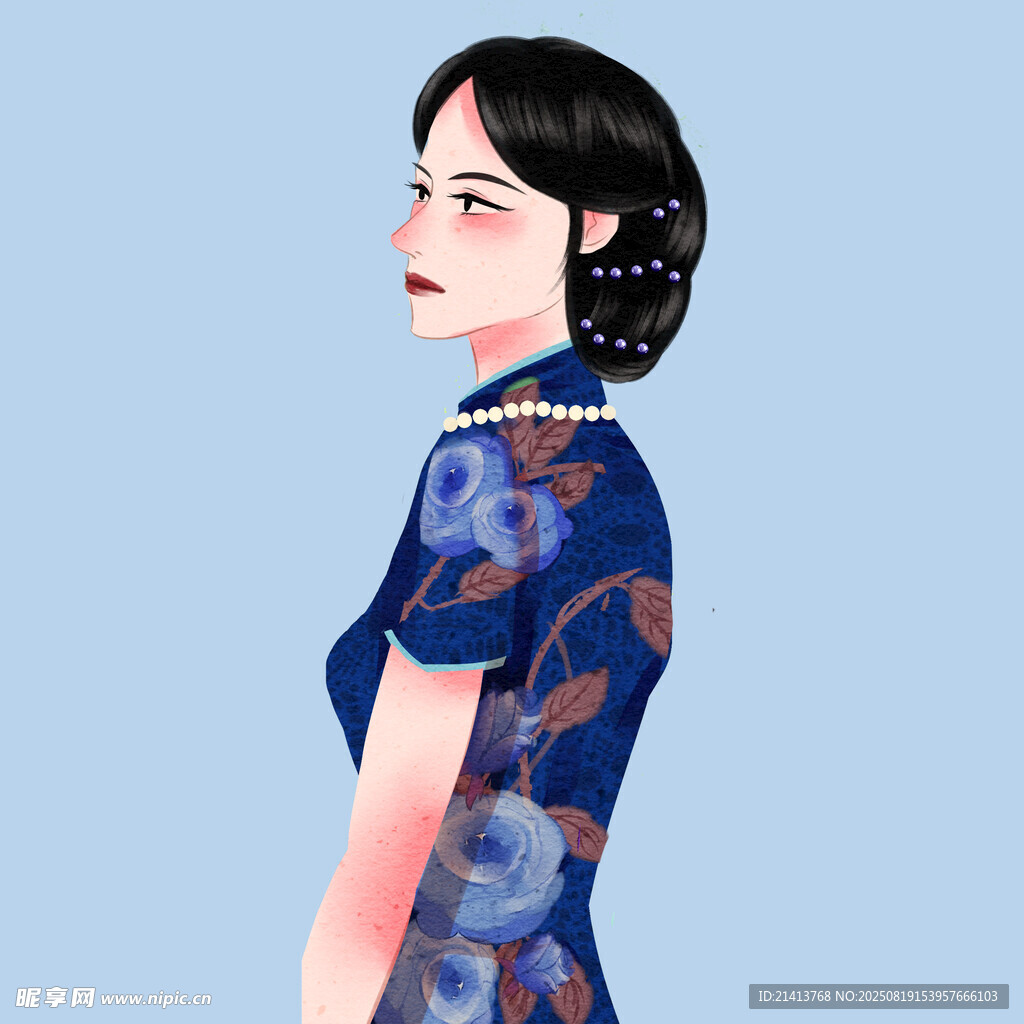复古旗袍女子侧身像