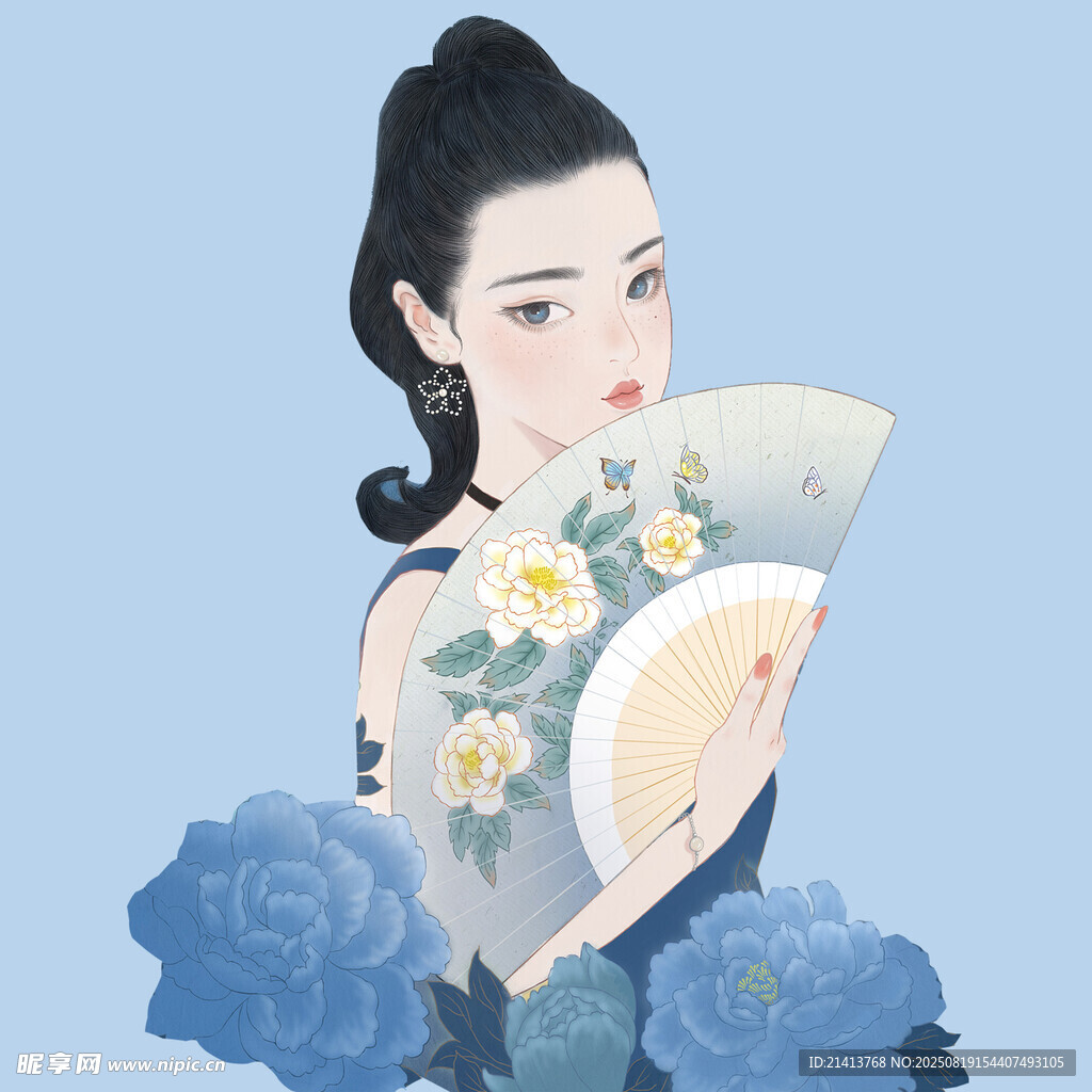 古风持扇女子 蓝花相伴