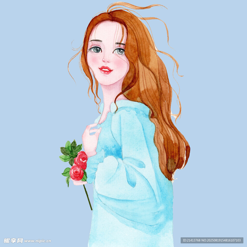 红发女子手持玫瑰