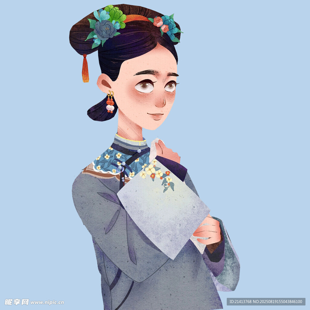 古典旗装女子手持书卷