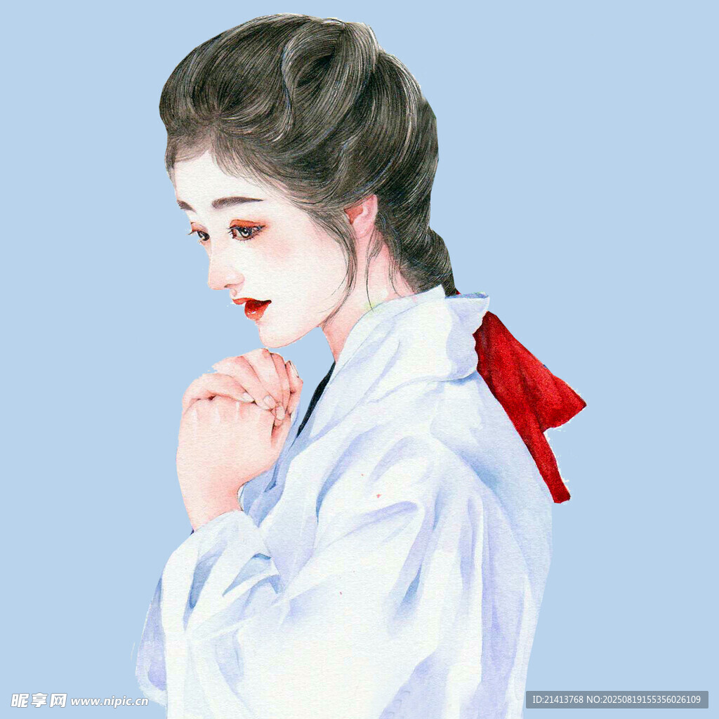 古风女子身着白衣系红绸