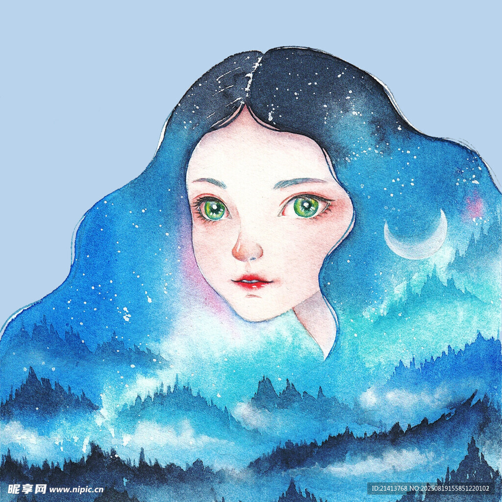 梦幻星空下的长发女孩