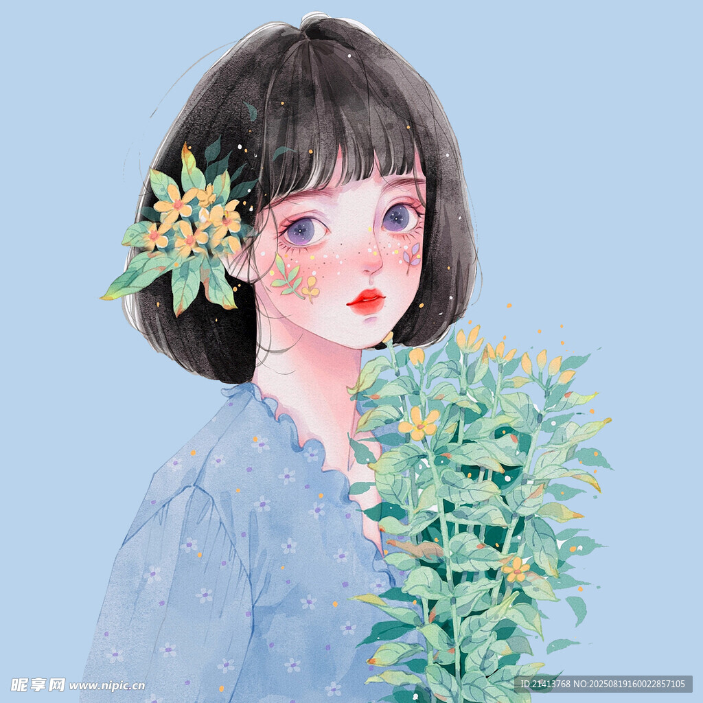 手持绿植的短发少女