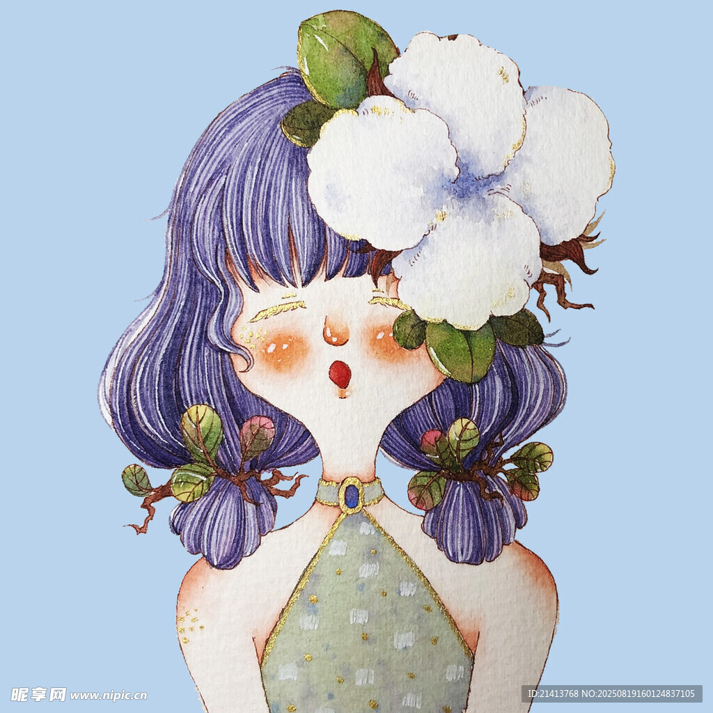 紫色卷发花朵少女插画