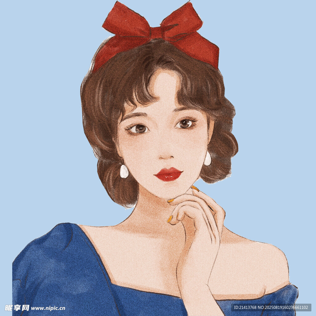 蓝裙蝴蝶结女孩优雅画像
