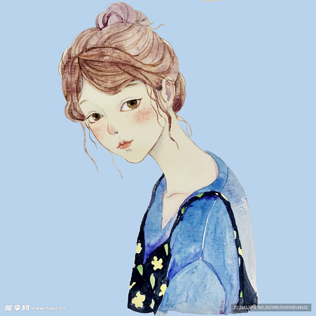 扎发髻的蓝衣少女
