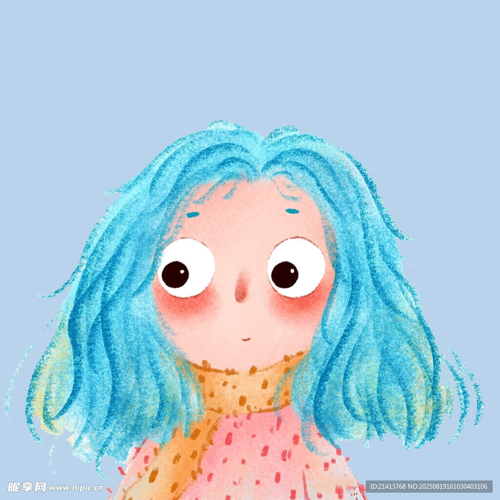 蓝发女孩的可爱水彩插画