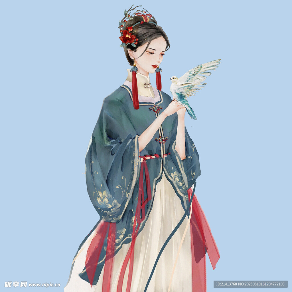 古风汉服女子持扇优雅而立