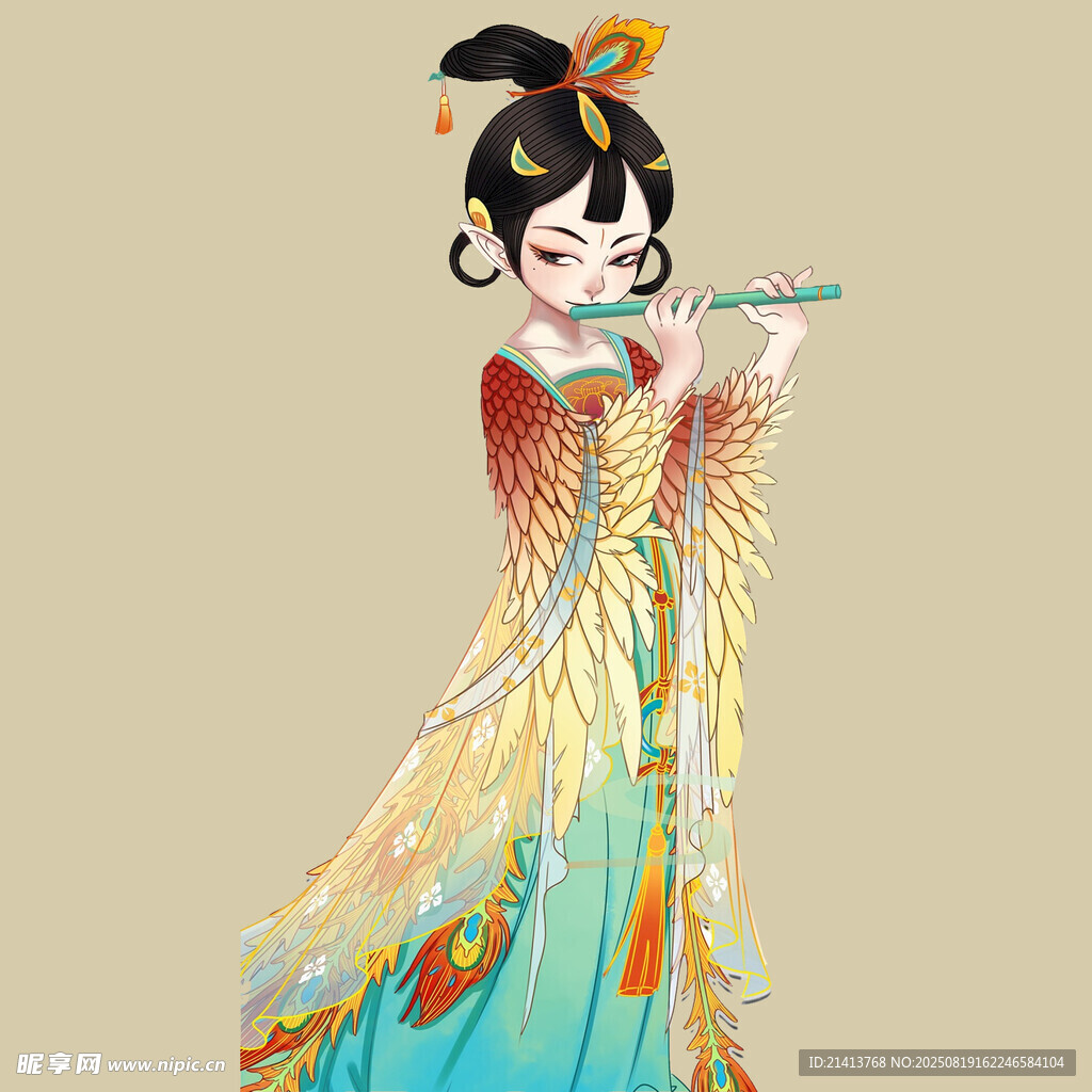 古风持笛女子华美服饰