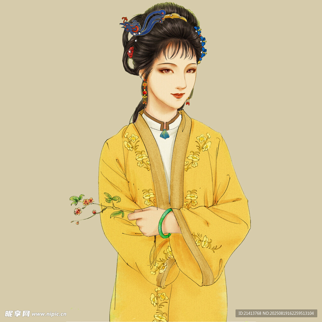 古风汉服女子手持花枝