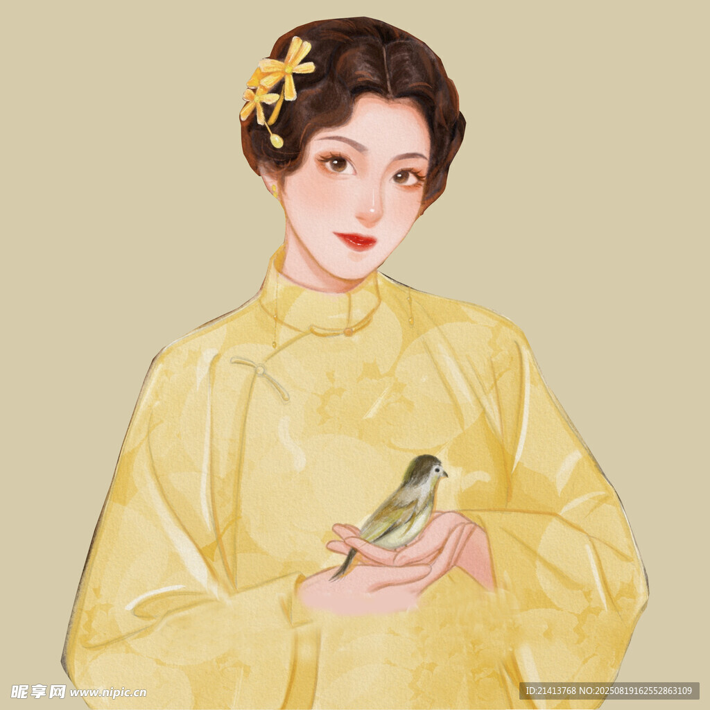 身着黄旗袍的女子与小鸟