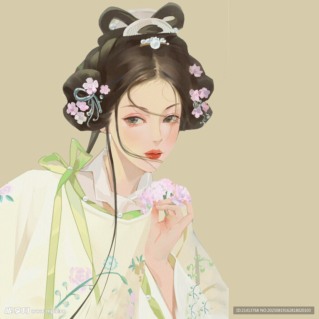 古风佳人手持粉花赏景
