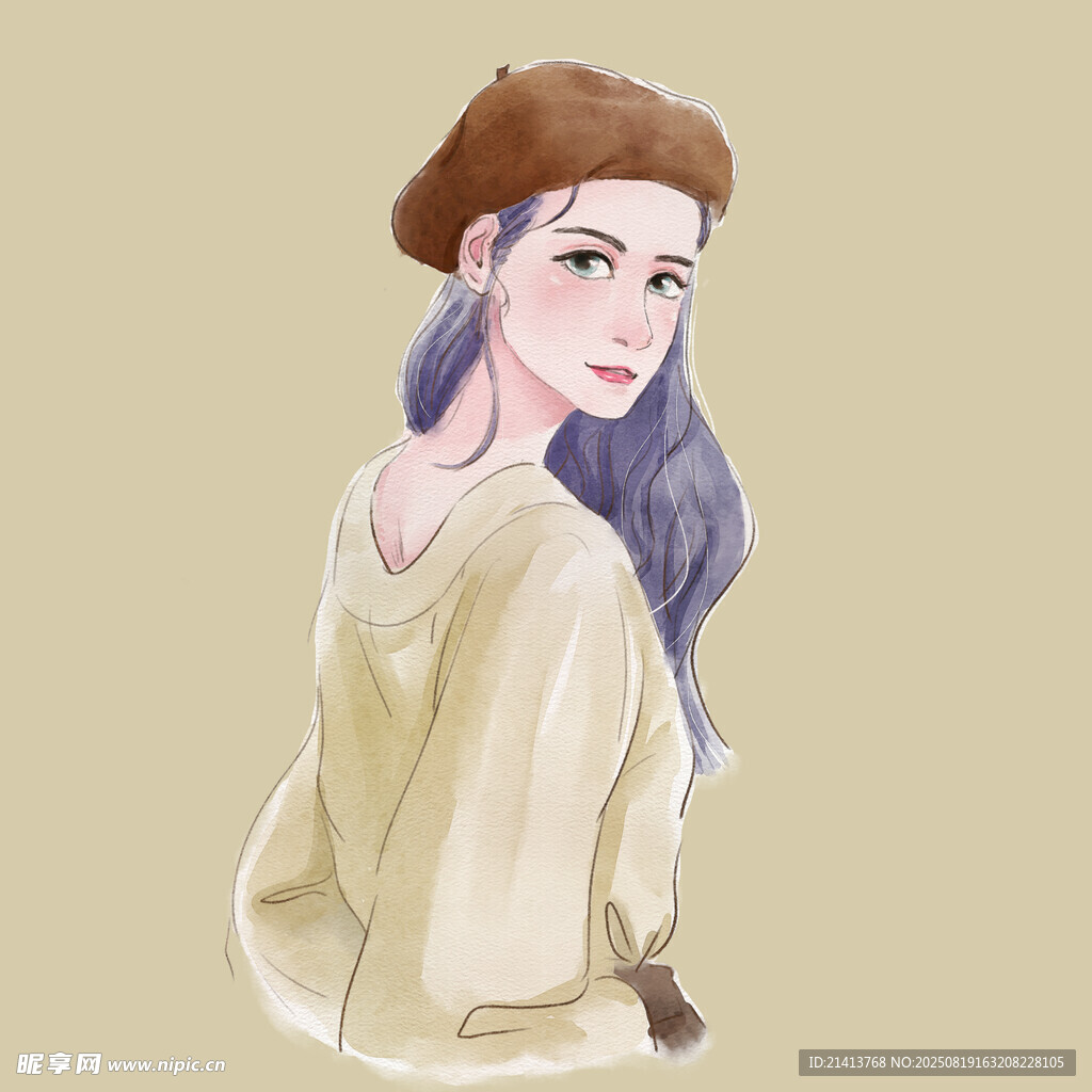 戴贝雷帽的蓝发女孩
