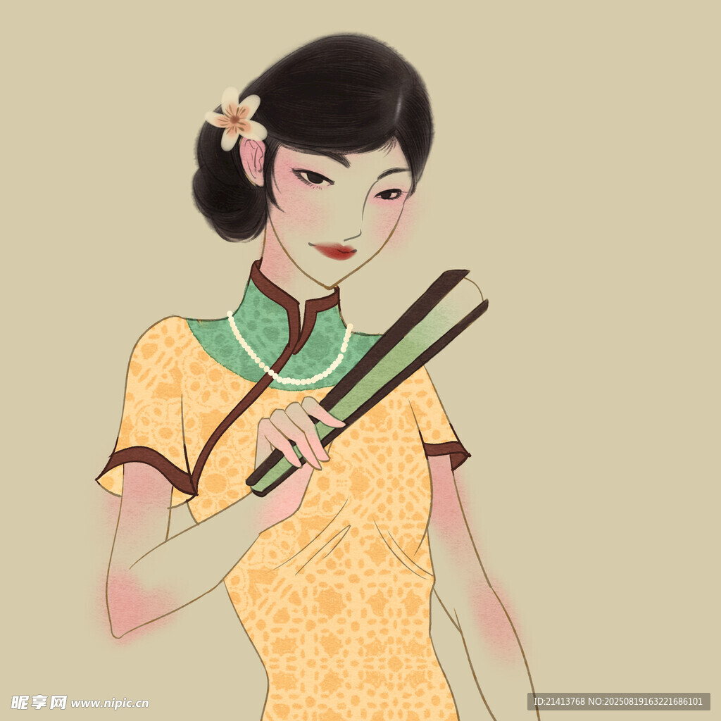 手持双筷的古典旗袍女子