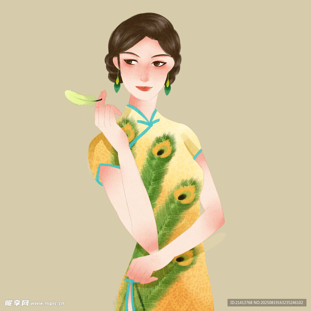 旗袍女子手持绿叶赏景