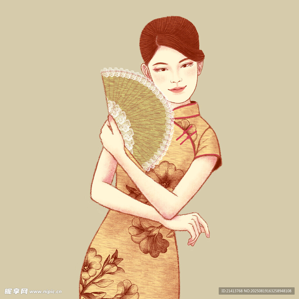旗袍女子手持折扇