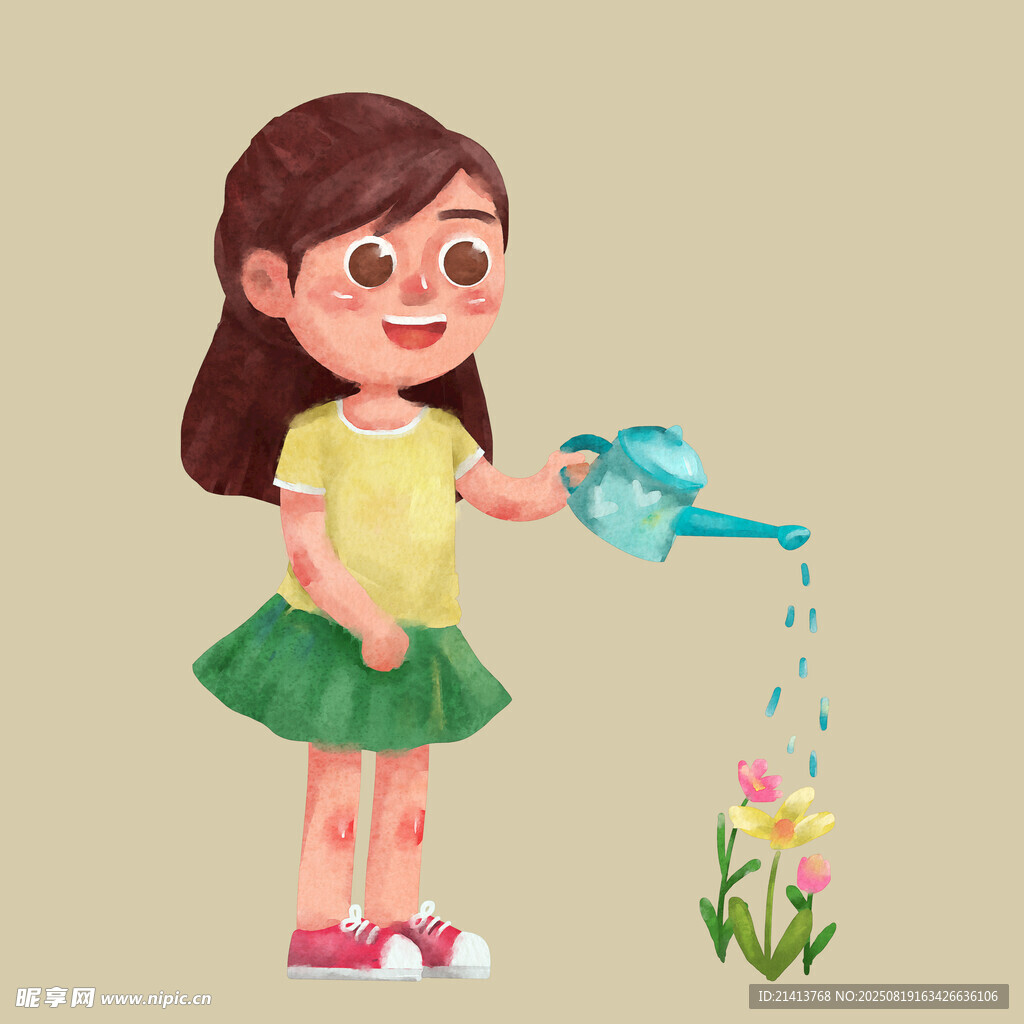 小女孩浇水呵护美丽花朵