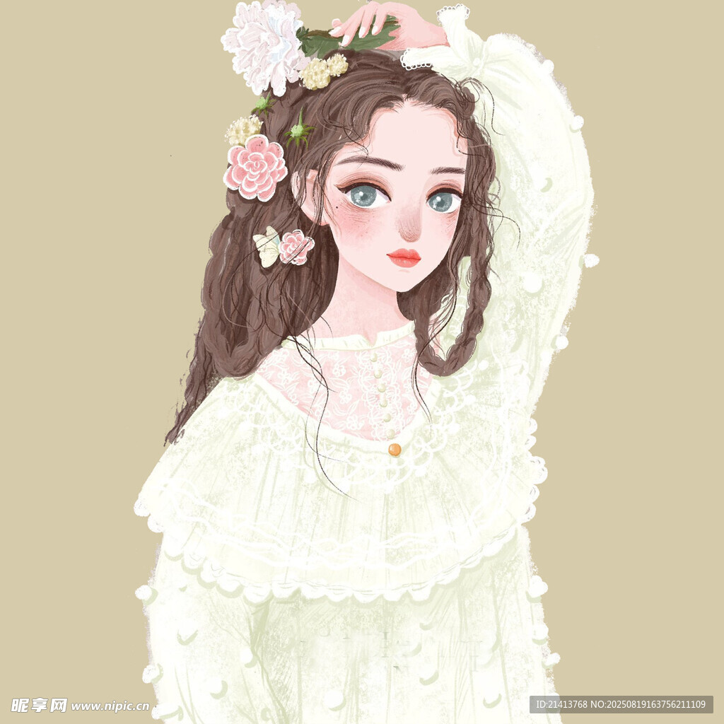头戴花环的甜美白衣少女