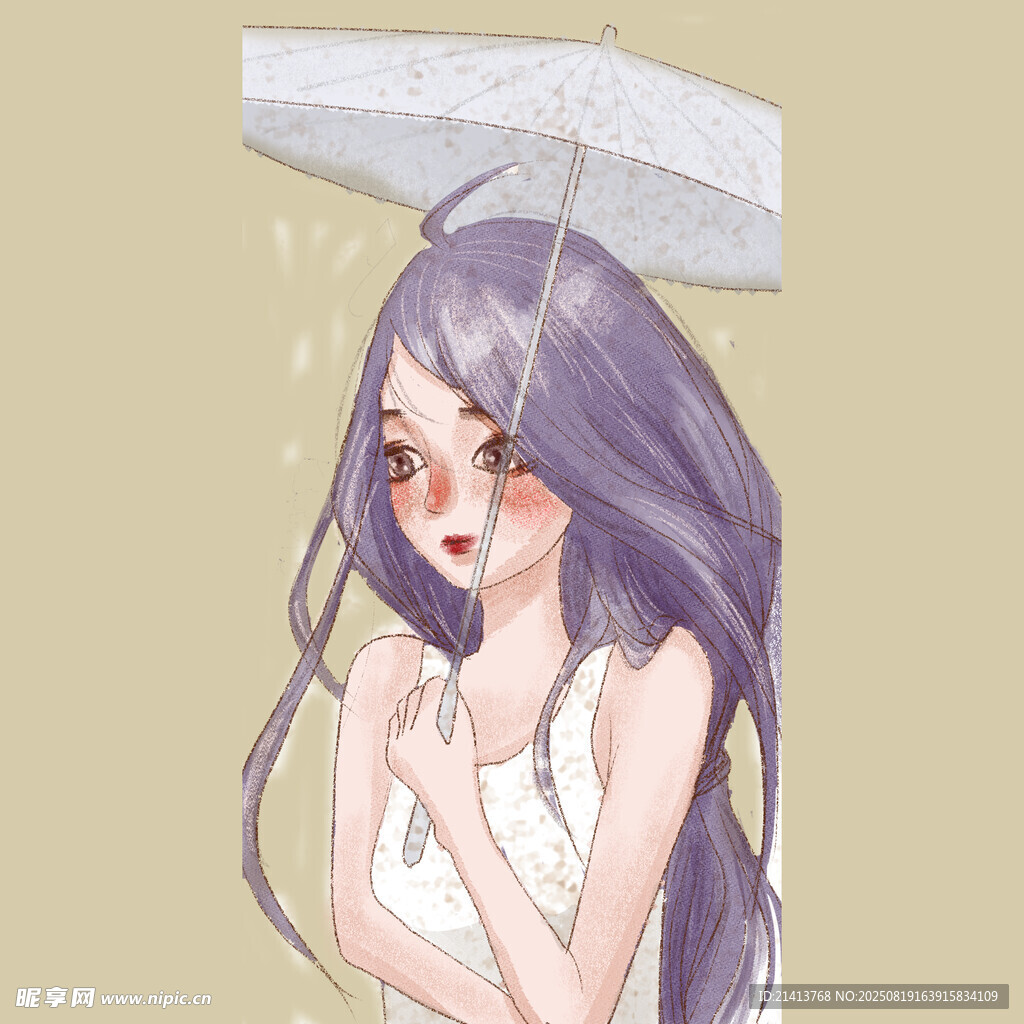 雨中撑伞的忧郁美少女